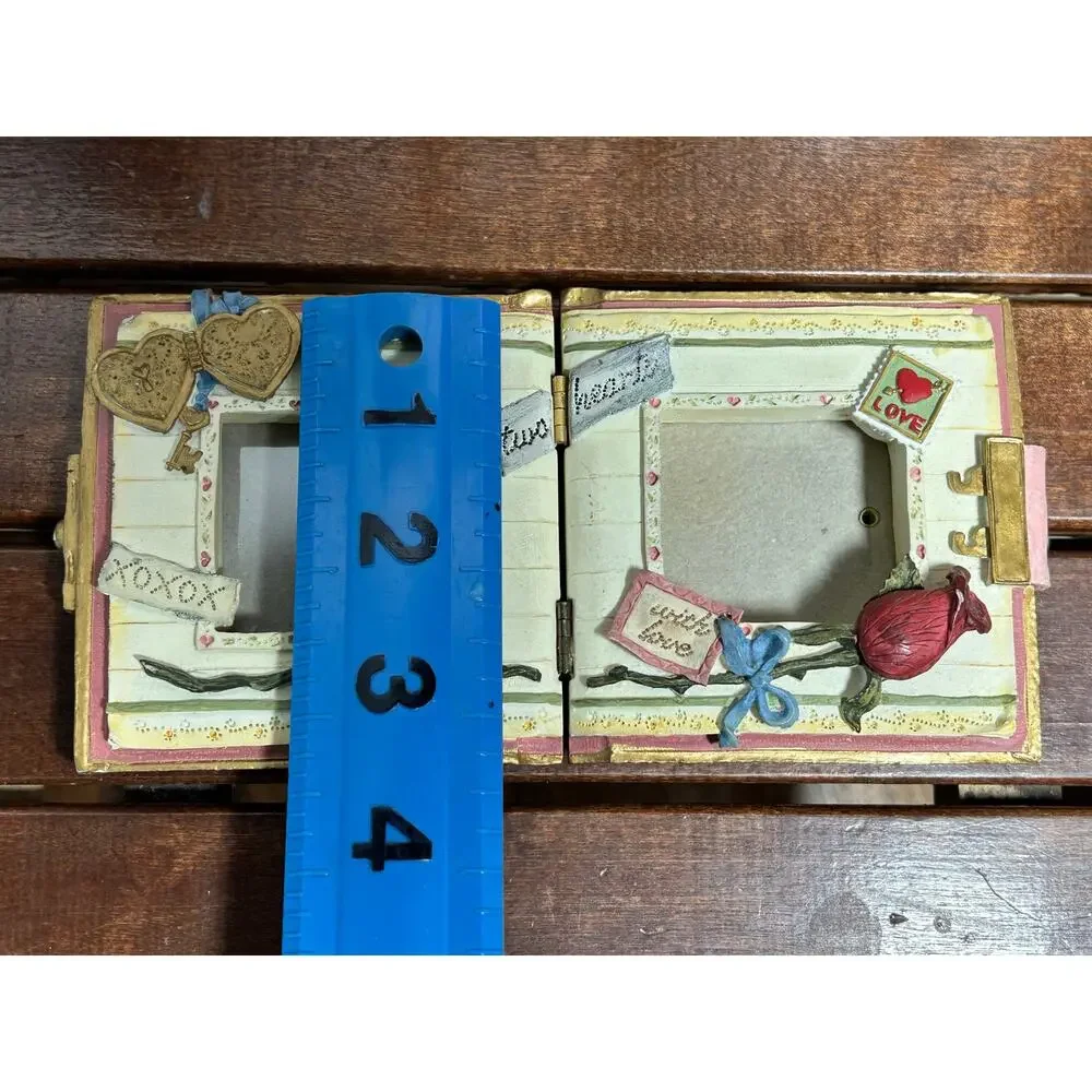 Vintage Sculpted Resin Book Style Double Photo Frame Heart Cottage Shabby Chic